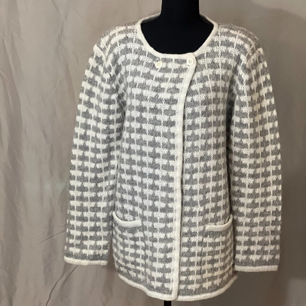 Messages Gray/Cream cardigan Sweater, with two buttons at the neck, Size M